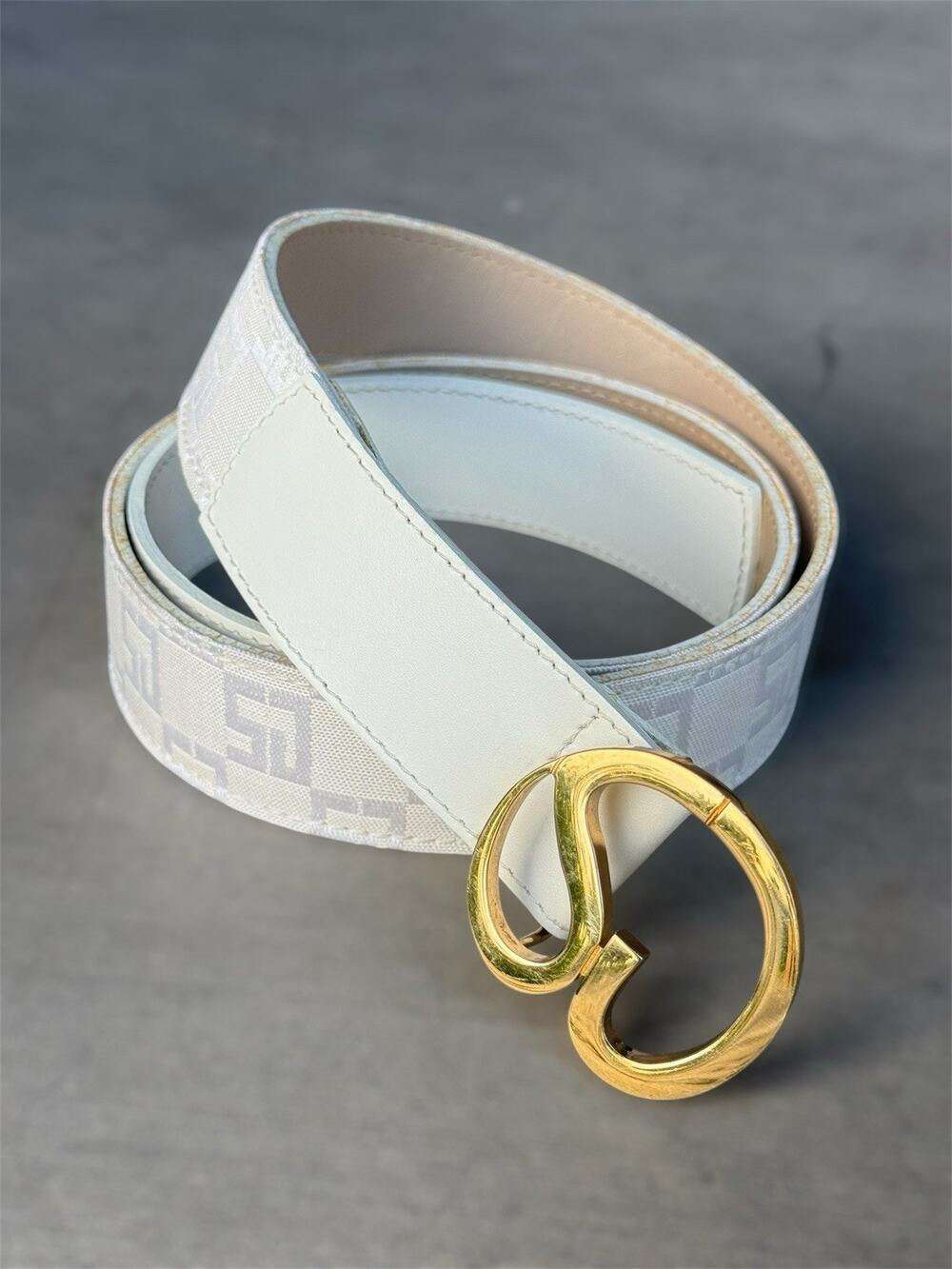 St. John Vintage Made In Italy Logo Canvas Leather Belt w Gold Tone Buckle